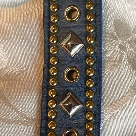 Studded Blue Leather Belt with Gold Accents - Picture 2 of 4